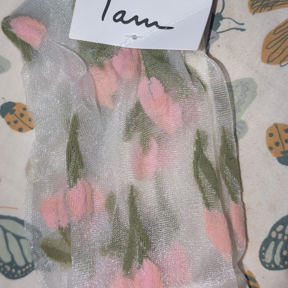 Sheer Floral Sock with Pink and Green Accents